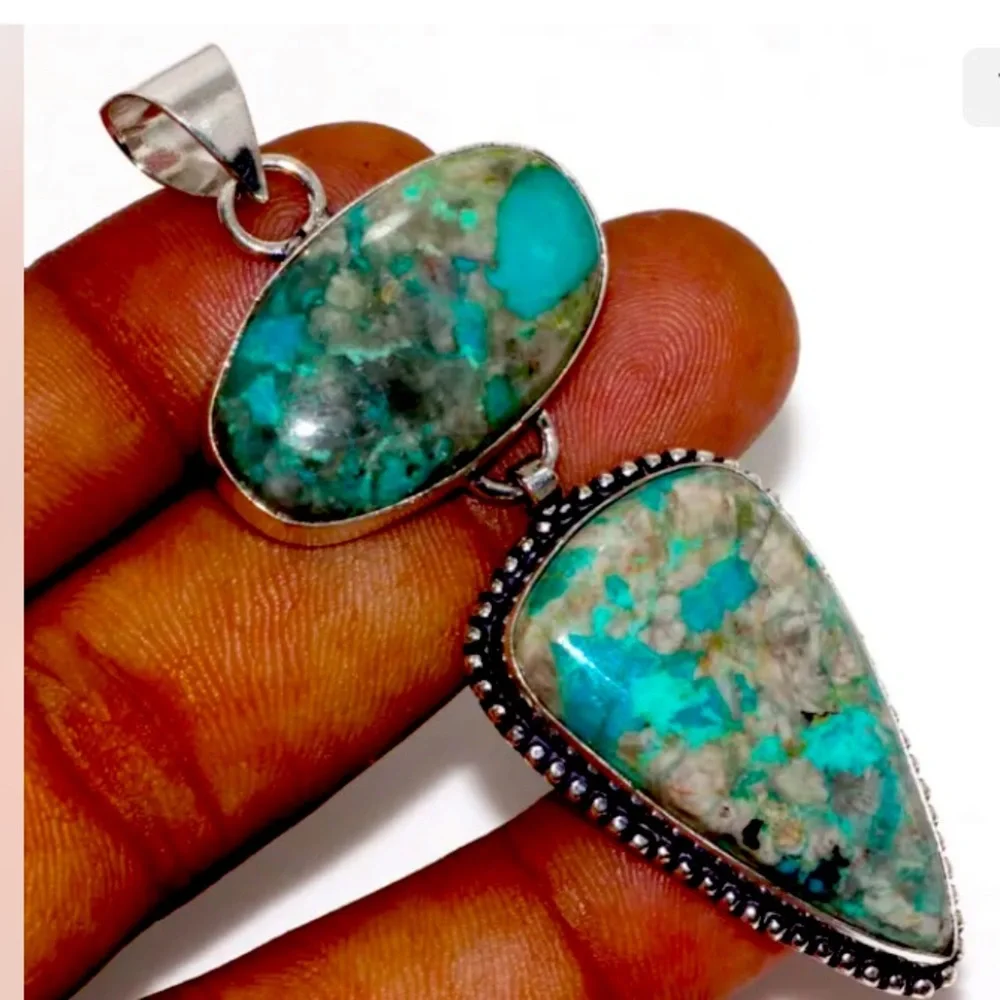 ❤️ Vintage Sterling Silver Stamped Chrysocolla Pendant